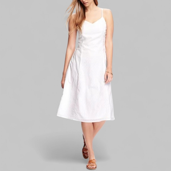 100 % Cotton Spaghetti Strap White Eyelet Midi Dress Classic Cottagecore Summer - Picture 1 of 9